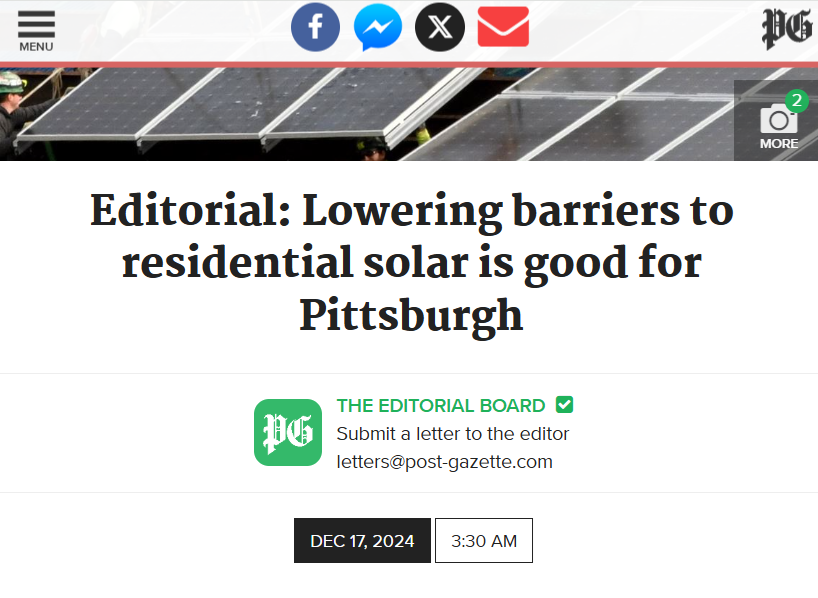 Editorial: Lowering barriers to residential solar is good for Pittsburgh